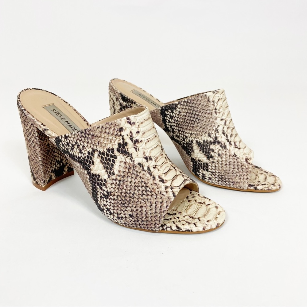 Steve Madden Women’s Snake-Print Open-Toe Block Heel Mules in Beige
